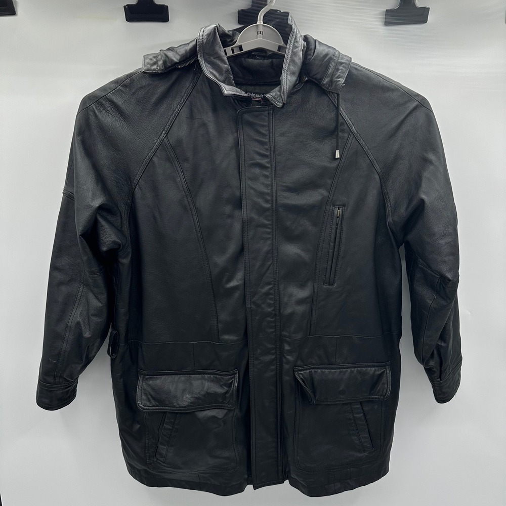 Wilsons Leather Thinsulate Parka Jacket Mens Large Black Hooded Removable Liner
